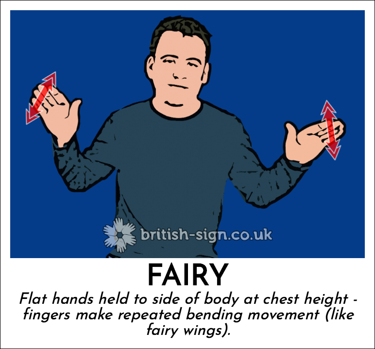 Fairy: Flat hands held to side of body at chest height - fingers make repeated bending movement (like fairy wings).